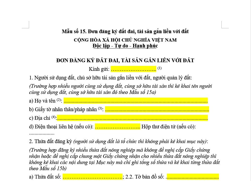 Mẫu đơn đăng ký đất đai của nghị định 151 khi thực hiện thủ tục cấp GCN quyền sử dụng đất lần đầu Mẫu đơn đăng ký đất đai của nghị định 151 khi thực hiện thủ tục cấp GCN quyền sử dụng đất lần đầu