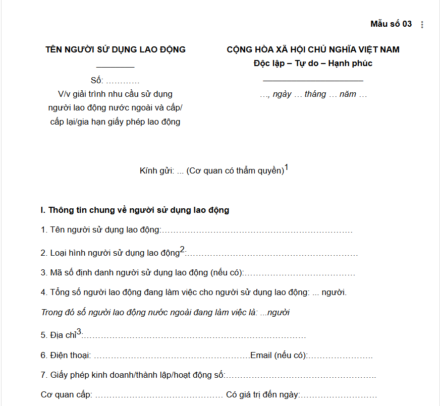 Mẫu giải trình nhu cầu sử dụng lao động dùng để gia hạn giấy phép lao động Mẫu giải trình nhu cầu sử dụng lao động dùng để gia hạn giấy phép lao động