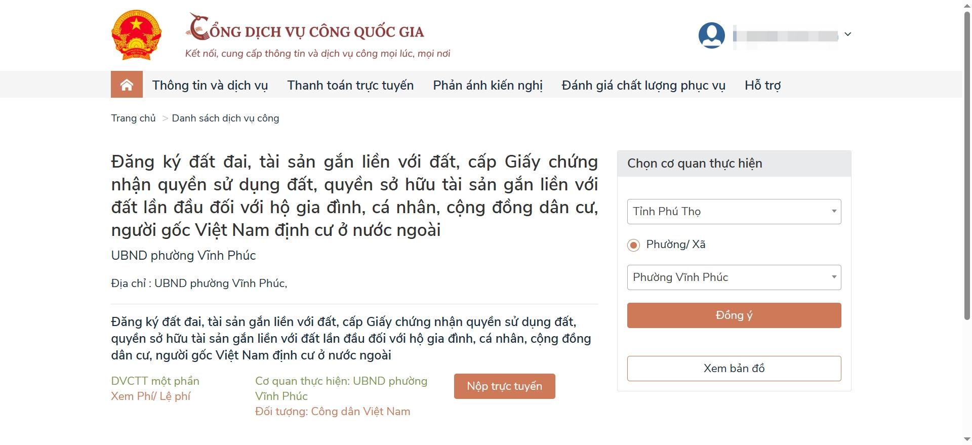 Thủ tục cấp GCN quyền sử dụng đất lần đầu qua cổng dịch vụ công phường Vĩnh Phúc Thủ tục cấp GCN quyền sử dụng đất lần đầu qua cổng dịch vụ công phường Vĩnh Phúc