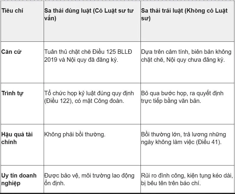 Bảng so sánh rủi ro pháp lý của doanh nghiệp trong Lao động