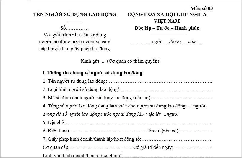 Biểu mẫu số 03 - Dịch vụ xin giấy phép lao động
