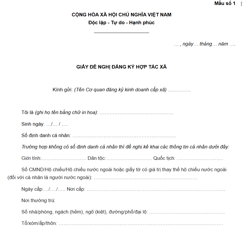 Biểu mẫu sử dụng trong thủ tục thành lập hợp tác xã