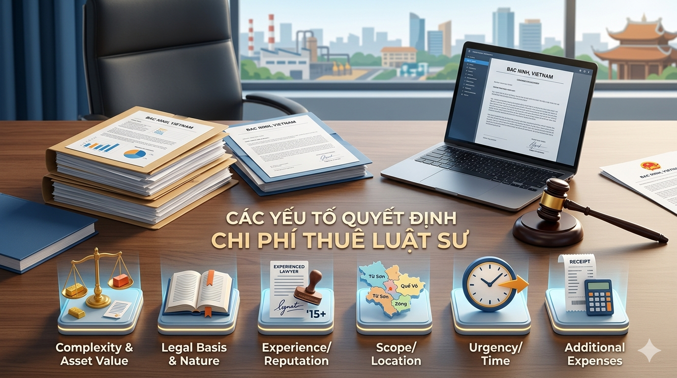 Chi phí thuê luật sư tại Bắc Ninh phụ thuộc vào tính chất vụ việc, giá trị tài sản và kinh nghiệm. Tìm hiểu 6 yếu tố quyết định giá dịch vụ pháp lý năm 2026