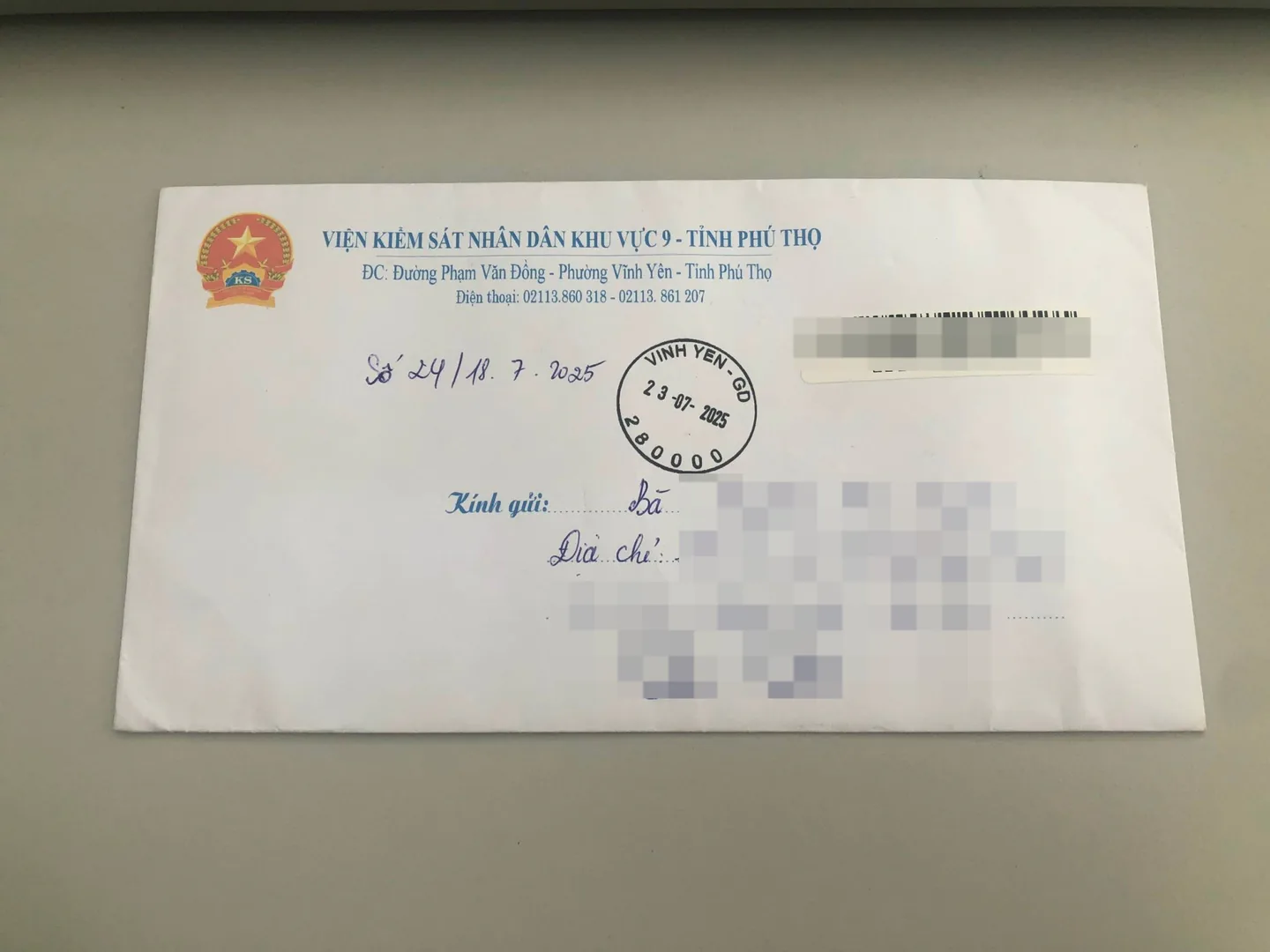 Công văn của Viện kiểm sát khu vực gửi cho công dân ở xã Tam Dương tỉnh Phú Thọ