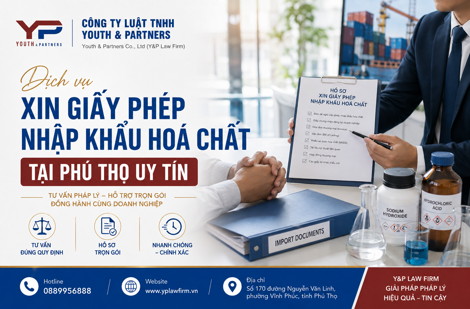 Giấy phép nhập khẩu hoá chất là thủ tục bắt buộc với hàng thuộc diện kiểm soát. Y&P hỗ trợ pháp lý trọn gói tại Phú Thọ; đọc ngay hướng dẫn pháp lý chi tiết.