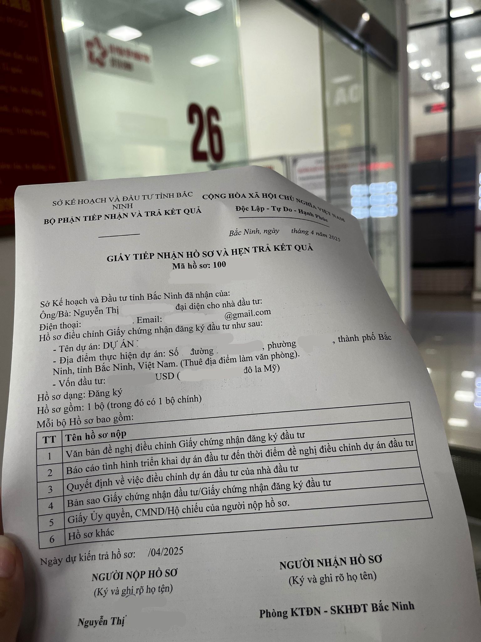 Điều chỉnh dự án đầu tư tại Bắc Ninh giấy hẹn