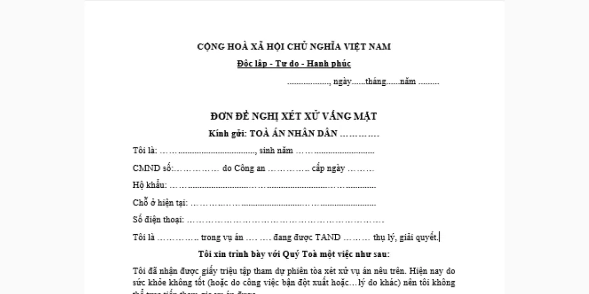 Mẫu đơn đề nghị xét xử ly hôn khi một bên vắng mặt Mẫu đơn đề nghị xét xử ly hôn khi một bên vắng mặt