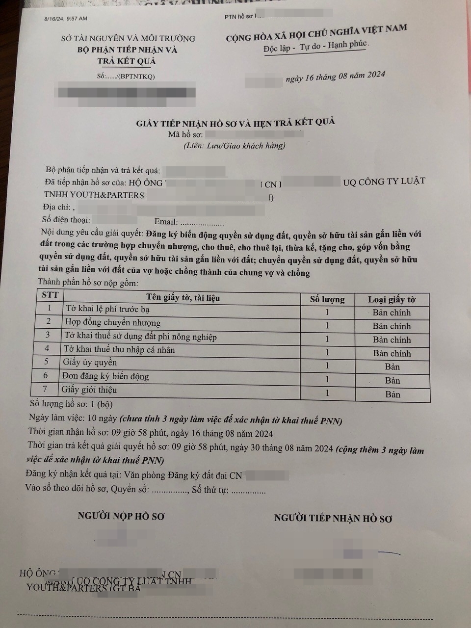 Giấy hẹn nhận kết quả hồ sơ chuyển nhượng nhà đất Sóc Sơn