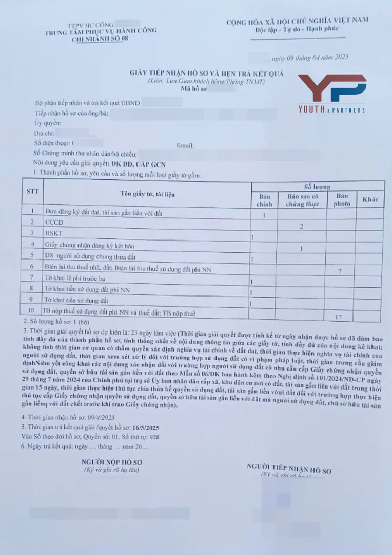 Giấy hẹn trả kết quả cấp giấy chứng nhận lần đầu