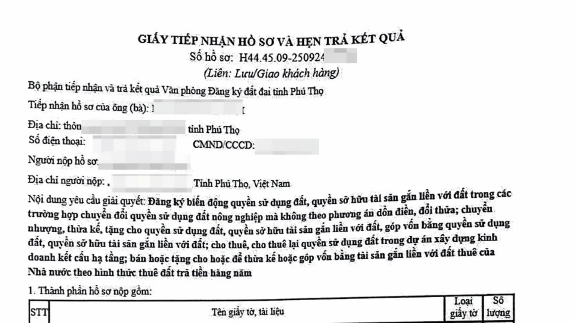 Giấy hẹn trả kết quả sang tên giấy chứng nhận quyền sử dụng đất