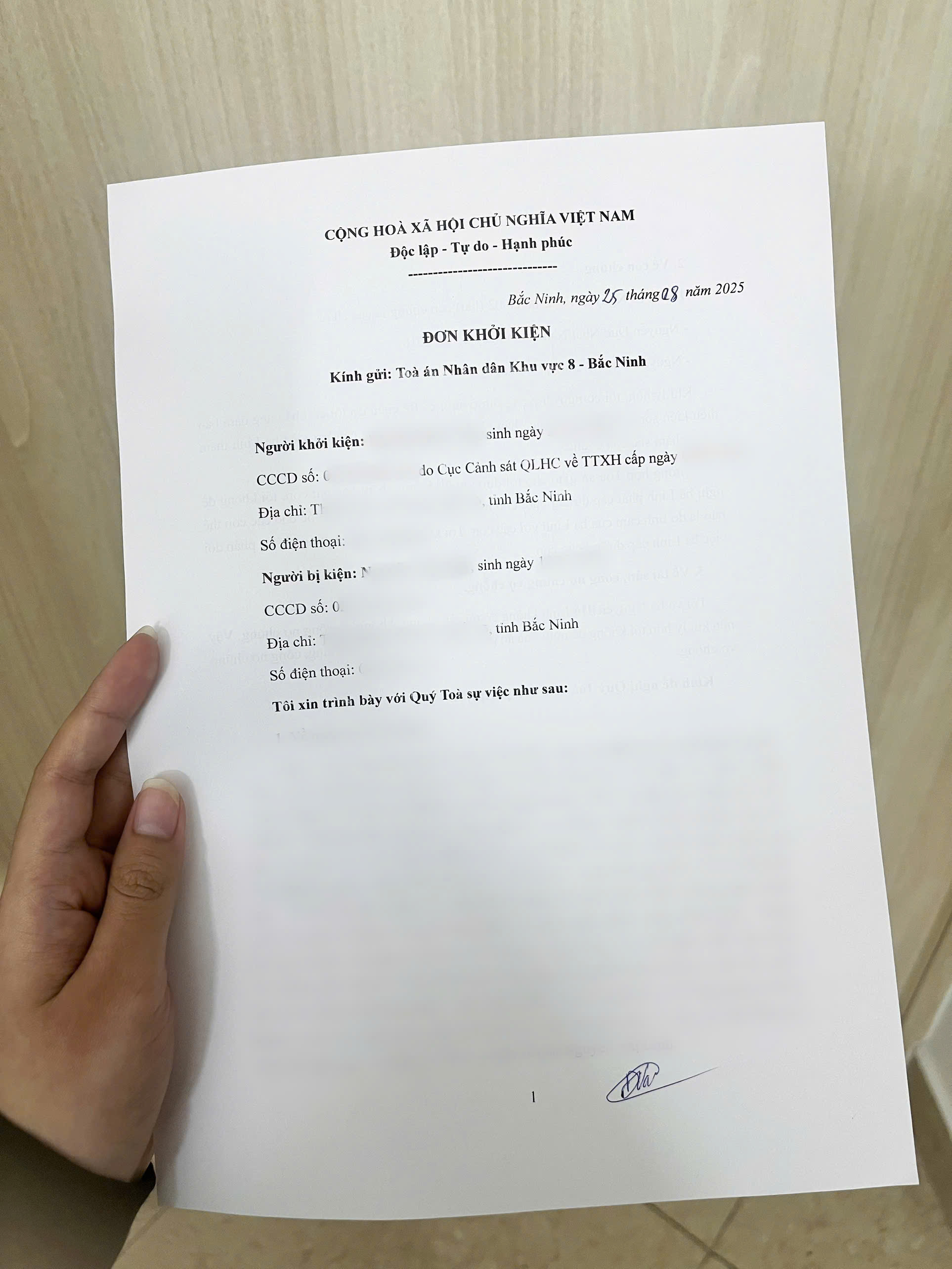 Hồ sơ khởi kiện vụ án dân sự được gửi đến Toà khu vực 8 - Bắc Ninh