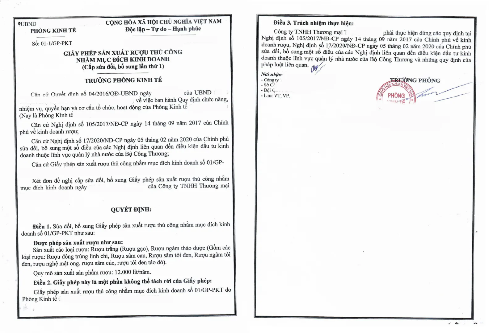 Kết quả giấy phép sản xuất rượu thủ công