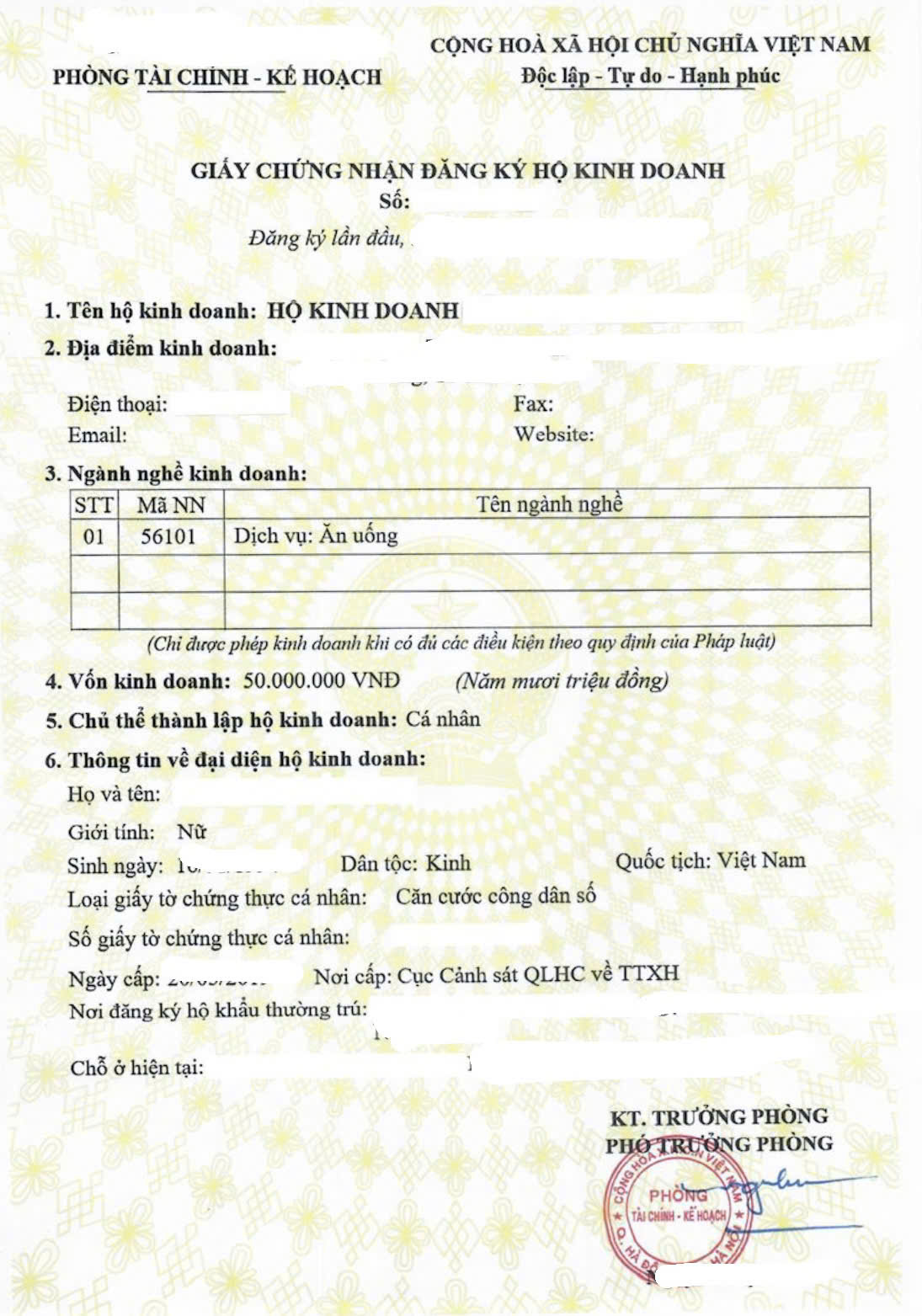 Kết quả thủ tục đăng ký hộ kinh doanh