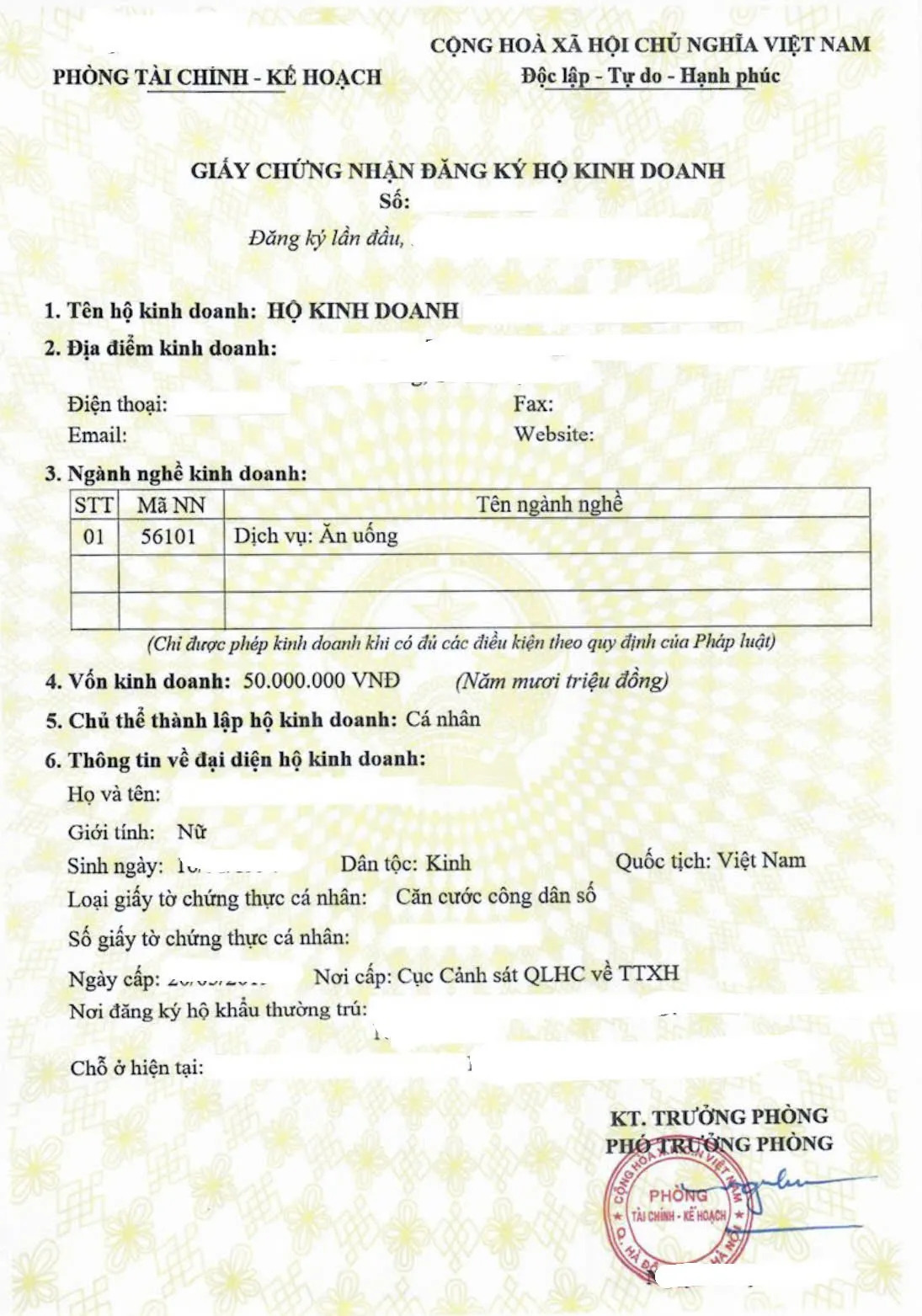 Kết quả đăng ký thành lập hộ kinh doanh