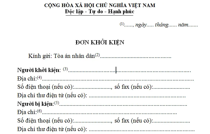 Mẫu đơn khởi kiện trong hồ sơ khởi kiện vụ án dân sự