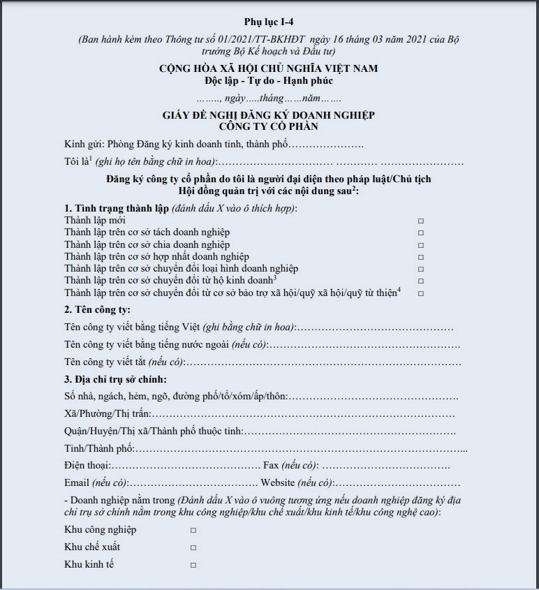 Mẫu giấy đề nghị thành lập doanh nghiệp