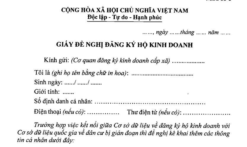 Mẫu giấy đề nghị đăng ký hộ kinh doanh