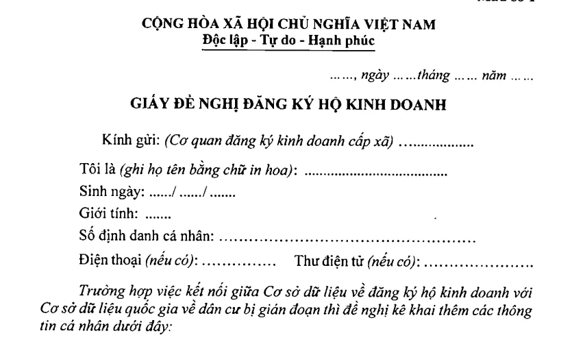 Mẫu giấy đề nghị đăng ký hộ kinh doanh