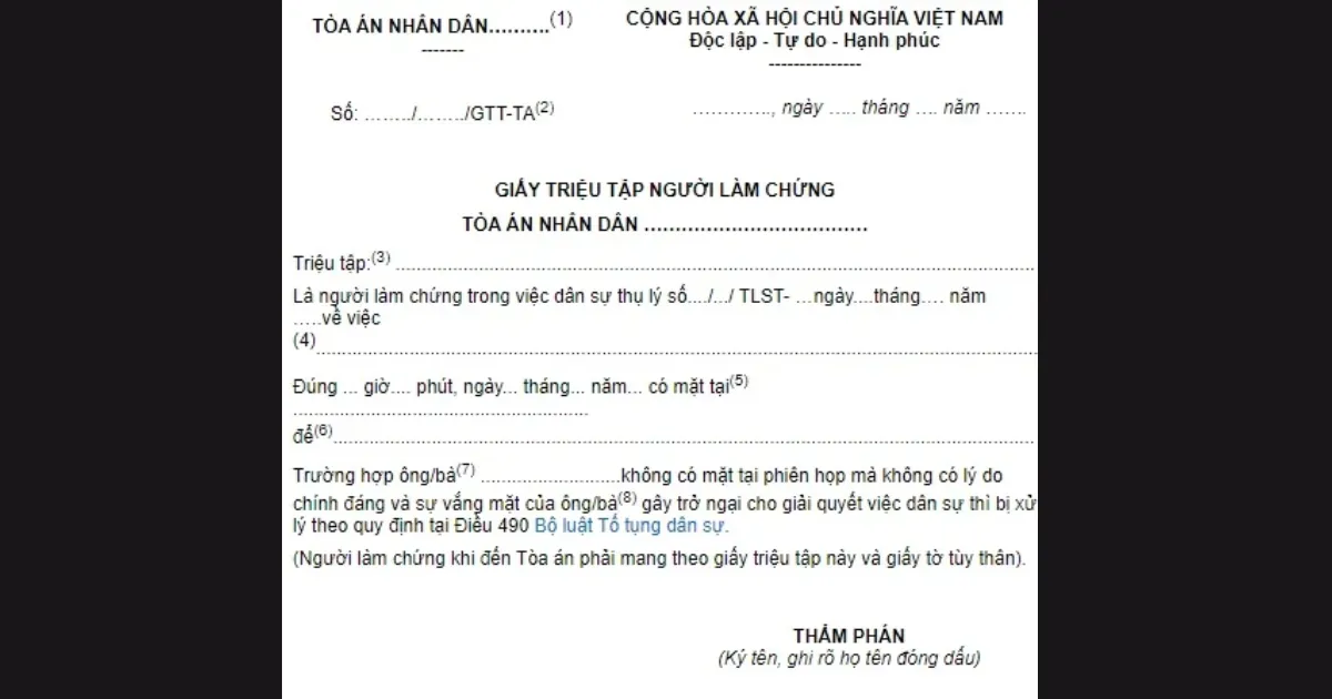 Mẫu giấy triệu tập của tòa án Mẫu giấy triệu tập của tòa án