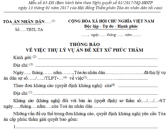 Mẫu thông báo thụ lý vụ án dân sự