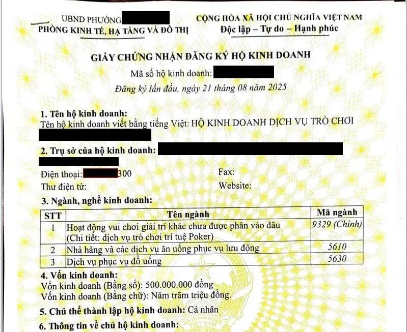 Thành lập hộ kinh doanh tại phường Bồng Lai