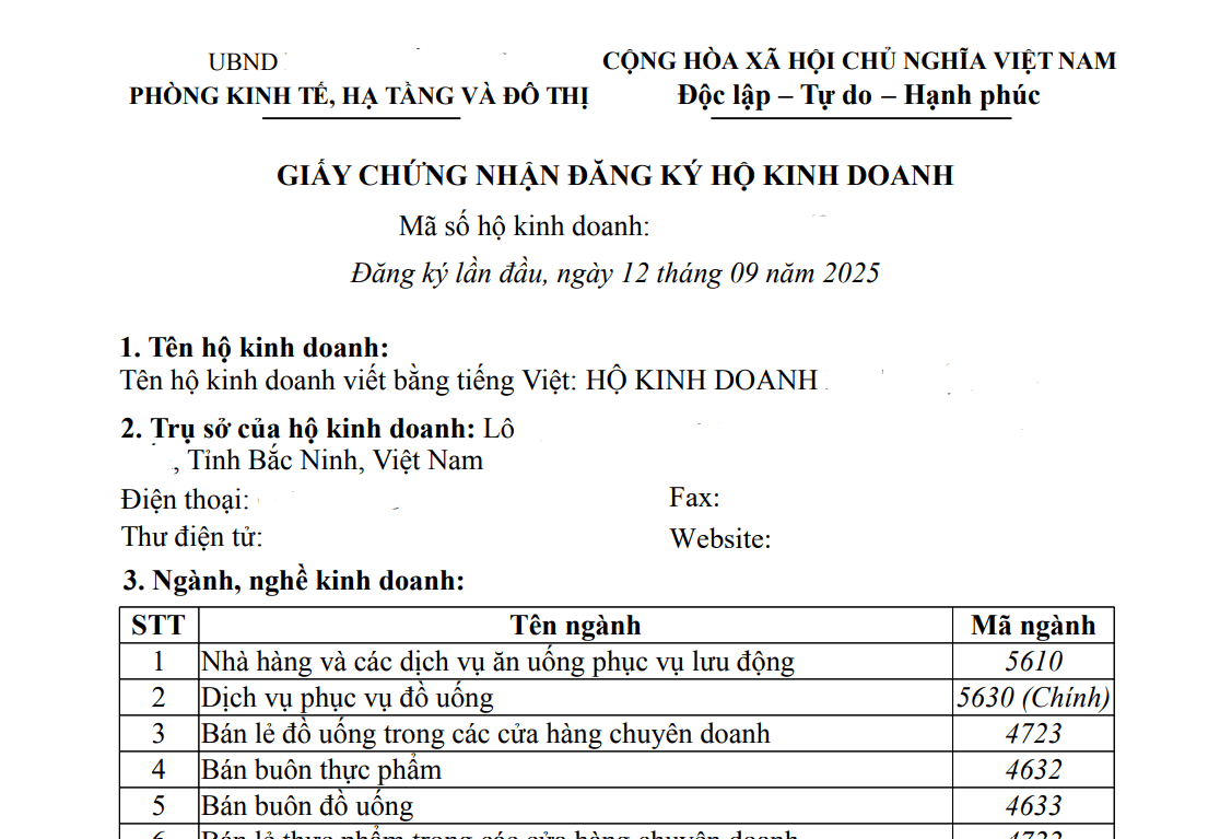 Thủ tục đăng ký thành lập hộ kinh doanh - Giấy chứng nhận đăng ký hộ kinh doanh