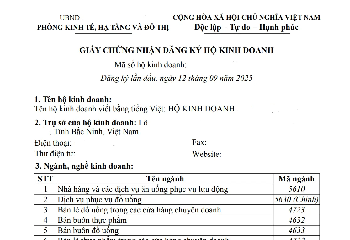 Thủ tục đăng ký thành lập hộ kinh doanh - Giấy chứng nhận đăng ký hộ kinh doanh