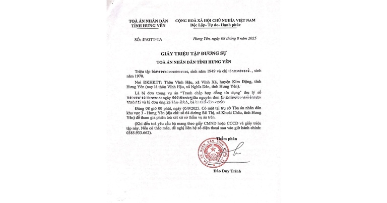 Cách nhận biết giấy triệu tập của tòa án Hưng Yên