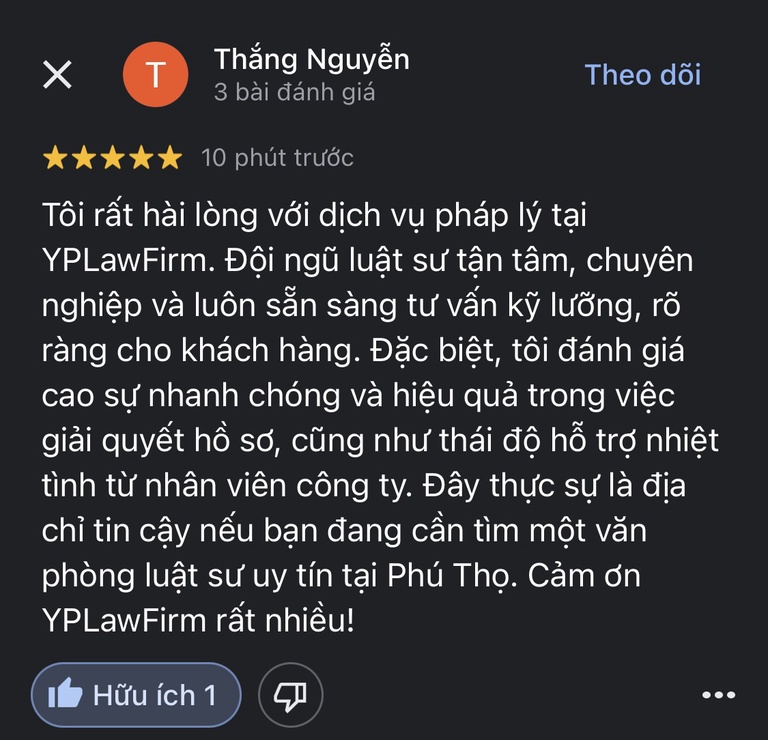 Khách hàng đánh giá về Luật sư tư vấn nhà đất của YP Law Firm